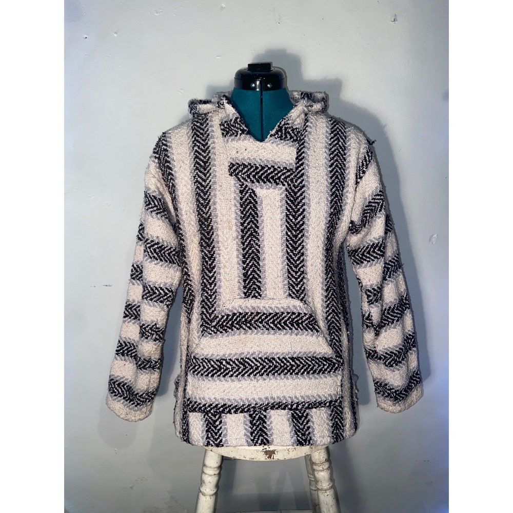 Earth Ragz Baja Hoodie Mexican Blanket Pullover Drug Rug Striped Boho Hippie Y2K